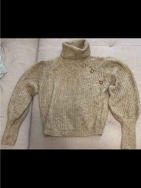 Molly Bracken Beige Button-Shoulder Turtleneck Sweater